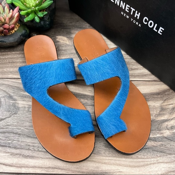 NIB Kenneth Cole Asymmetric Palm Sandal Thong Toe Loop Flip Flop Blue Real Fur - Picture 2 of 11